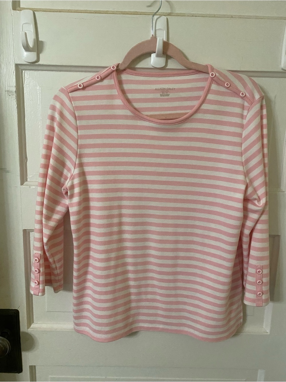 Allison Daley Pink & White Striped Button-Detail Top (Petite Small) - Picture 2 of 7